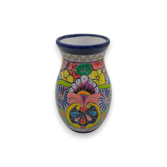 Cobalt Rim Talavera Vase | Multicolor Mexican Pottery hand-painted floral ceramic vase with cobalt blue rim