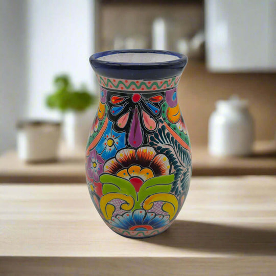 Cobalt Rim Talavera Vase | Multicolor Mexican Pottery hand-painted floral vase with deep blue rim and vibrant folk colors