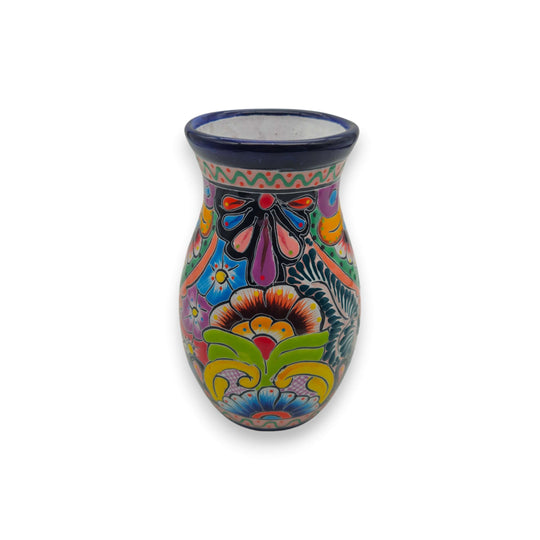 Cobalt Rim Talavera Vase | Multicolor Mexican Pottery hand-painted floral kiln-fired vase with deep blue rim