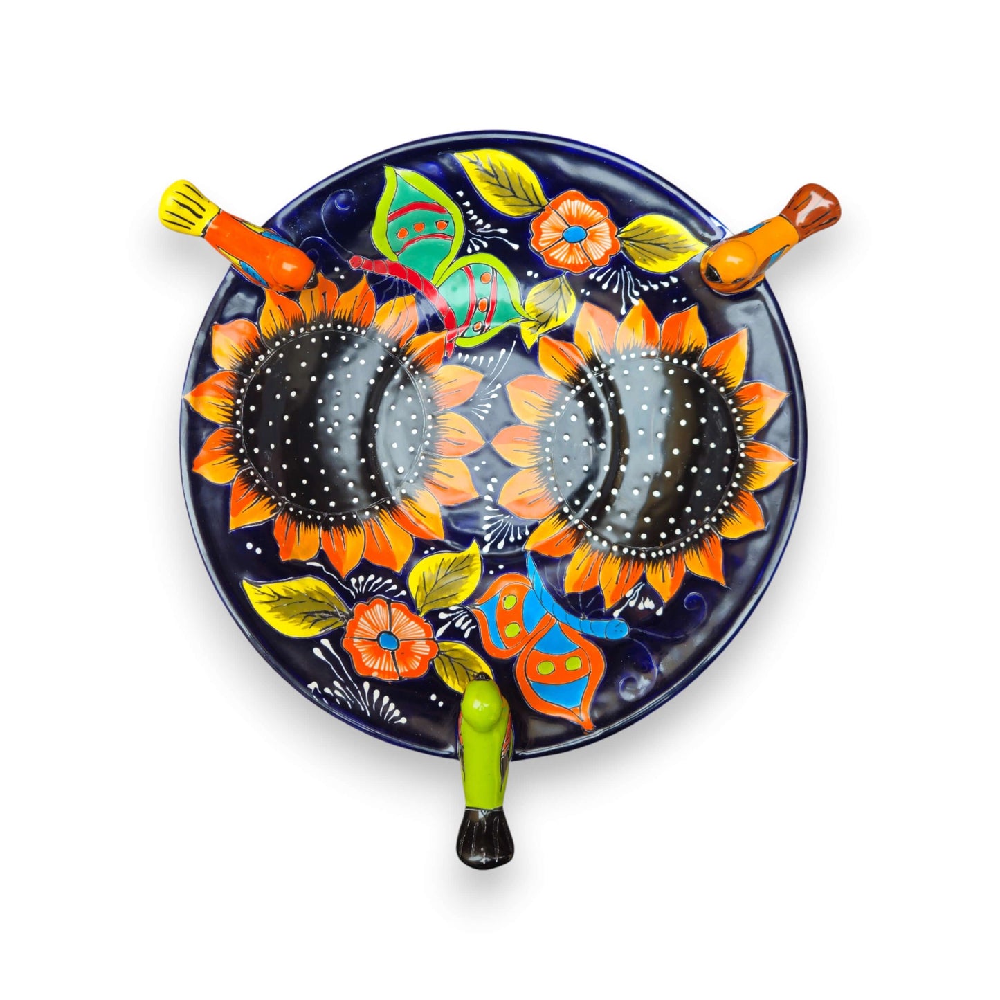 Cobalt Talavera Bird Bath | Hand-Painted Sunflower Art — cobalt blue Talavera bird bath with vibrant hand-painted sunflowers and colorful floral accents