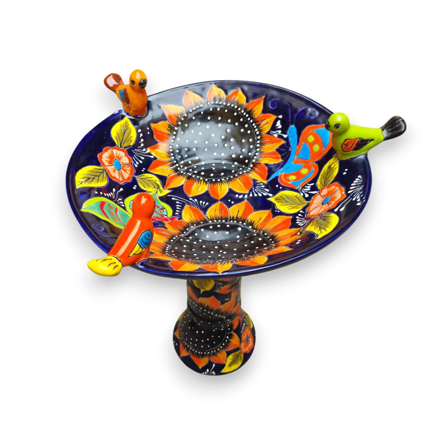 Cobalt Talavera Bird Bath | Hand-Painted Sunflower Art - cobalt blue Talavera bird bath with vibrant sunflower motifs and three colorful perched birds