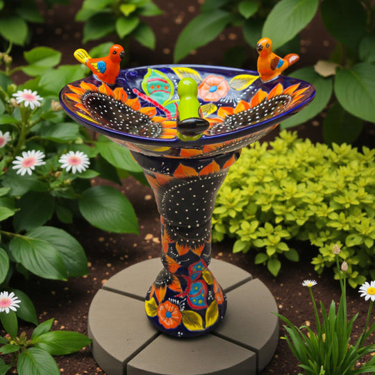 Cobalt Talavera Bird Bath | Hand-Painted Sunflower Art — hand-painted cobalt blue Talavera bird bath with sunflower motifs and colorful perched birds