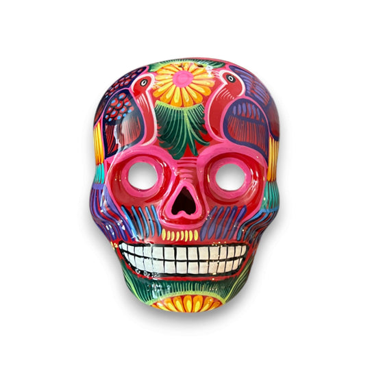 Colorful Calavera Skull | Hand-Painted Mexican Wall Art Decor - hand-painted ceramic skull with vibrant red, green, yellow and purple floral designs