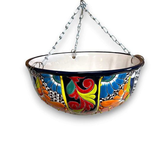 Talavera Hanging Planter | Colorful Hand-Painted Mexican Flower Pot - vibrant hand-painted Talavera ceramic hanging planter with floral pattern and chains