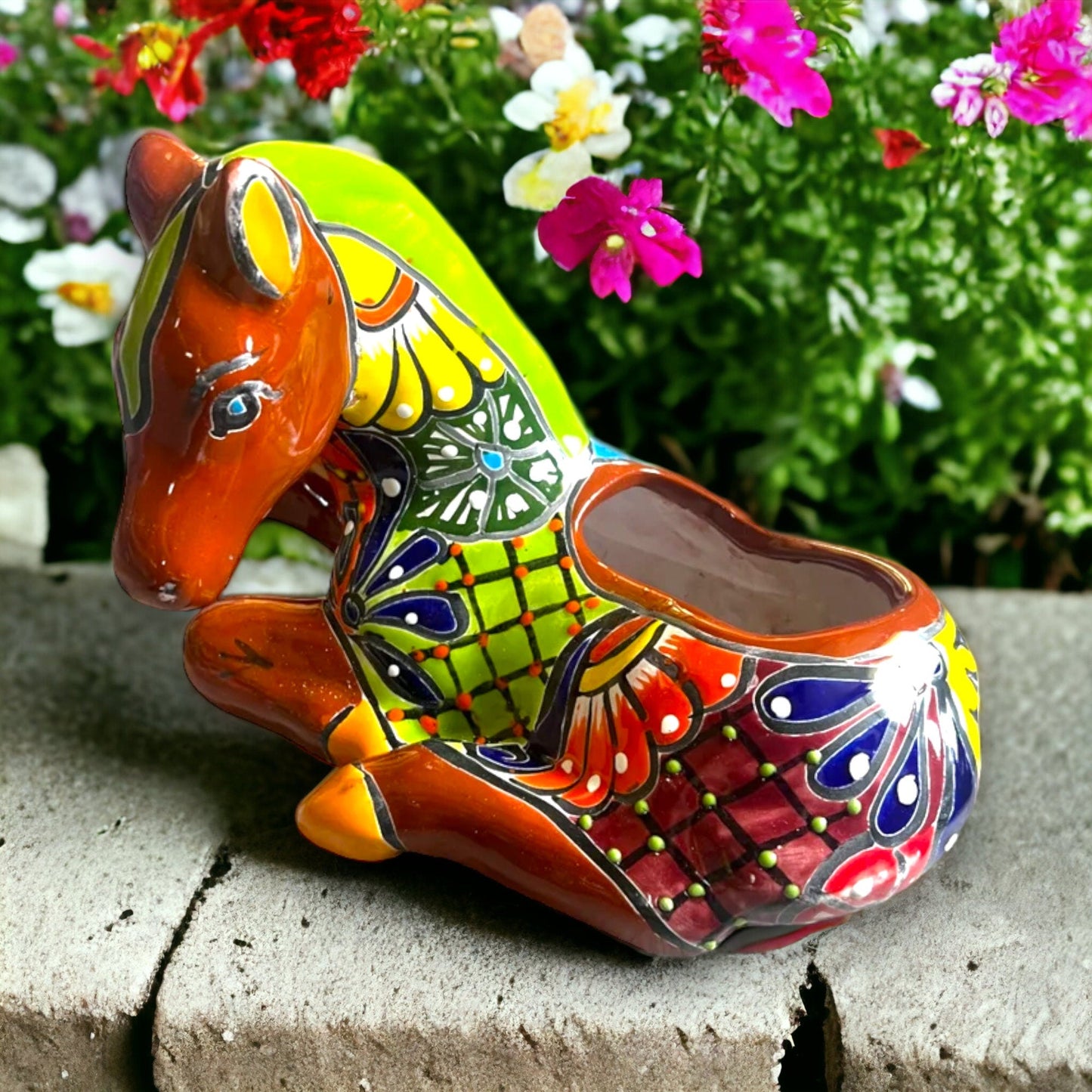 Colorful Hand-Painted Talavera Small Horse Statue Planter