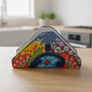 Colorful Talavera Napkin Holder | Mexican Ceramic Table Decor - handcrafted hand-painted floral and geometric motifs in blue, yellow, green, orange