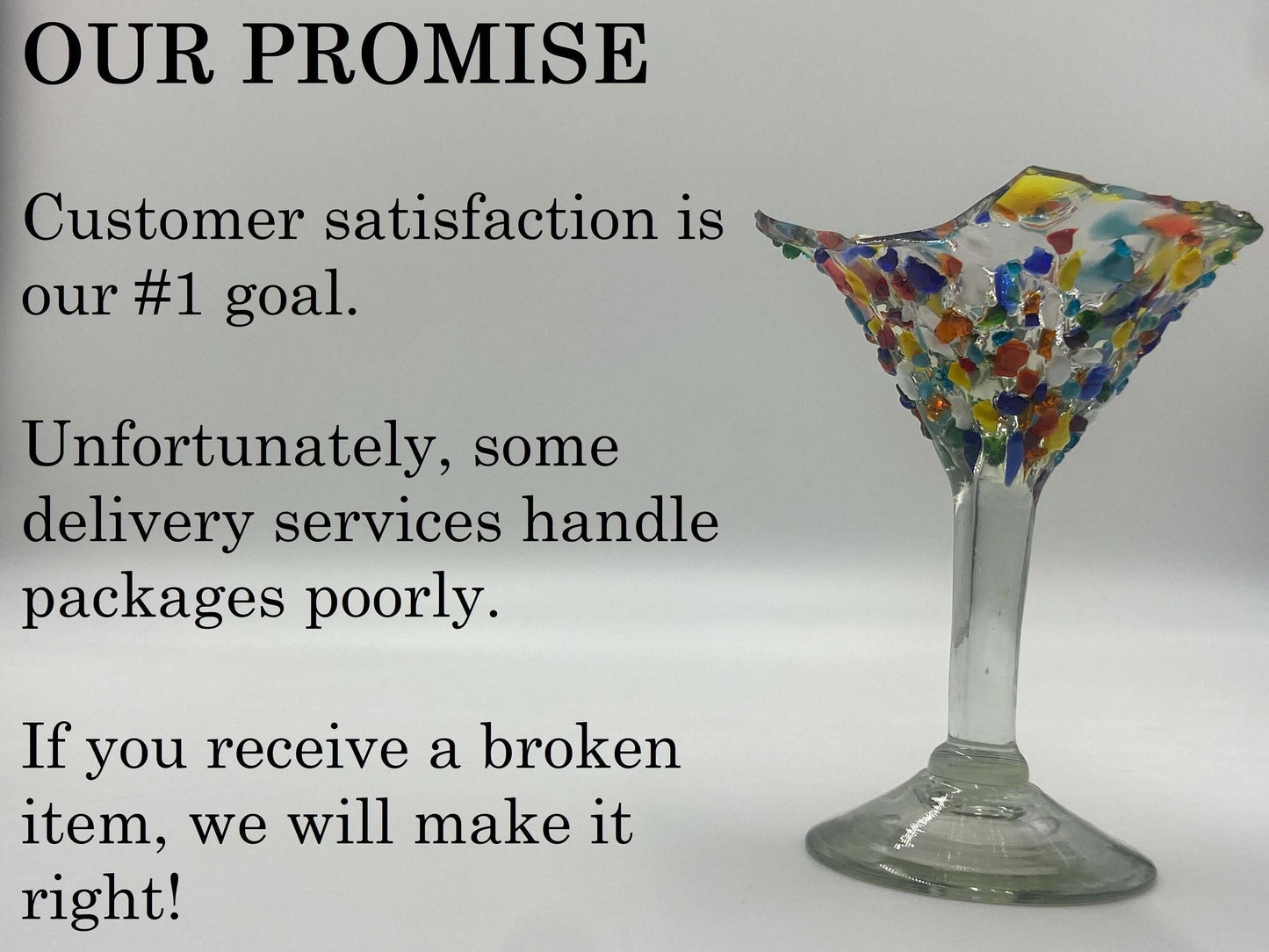 Colorful Handcrafted Talavera Rooster Statue | Mexican Folk Art Chicken Decor - handcrafted Talavera rooster on pedestal with promise text about satisfaction and replacements