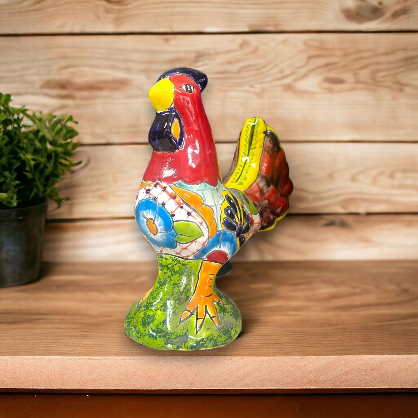 Colorful Handcrafted Talavera Rooster Statue | Mexican Folk Art Chicken Decor hand-painted kiln-fired Talavera rooster from Guanajuato, Mexico