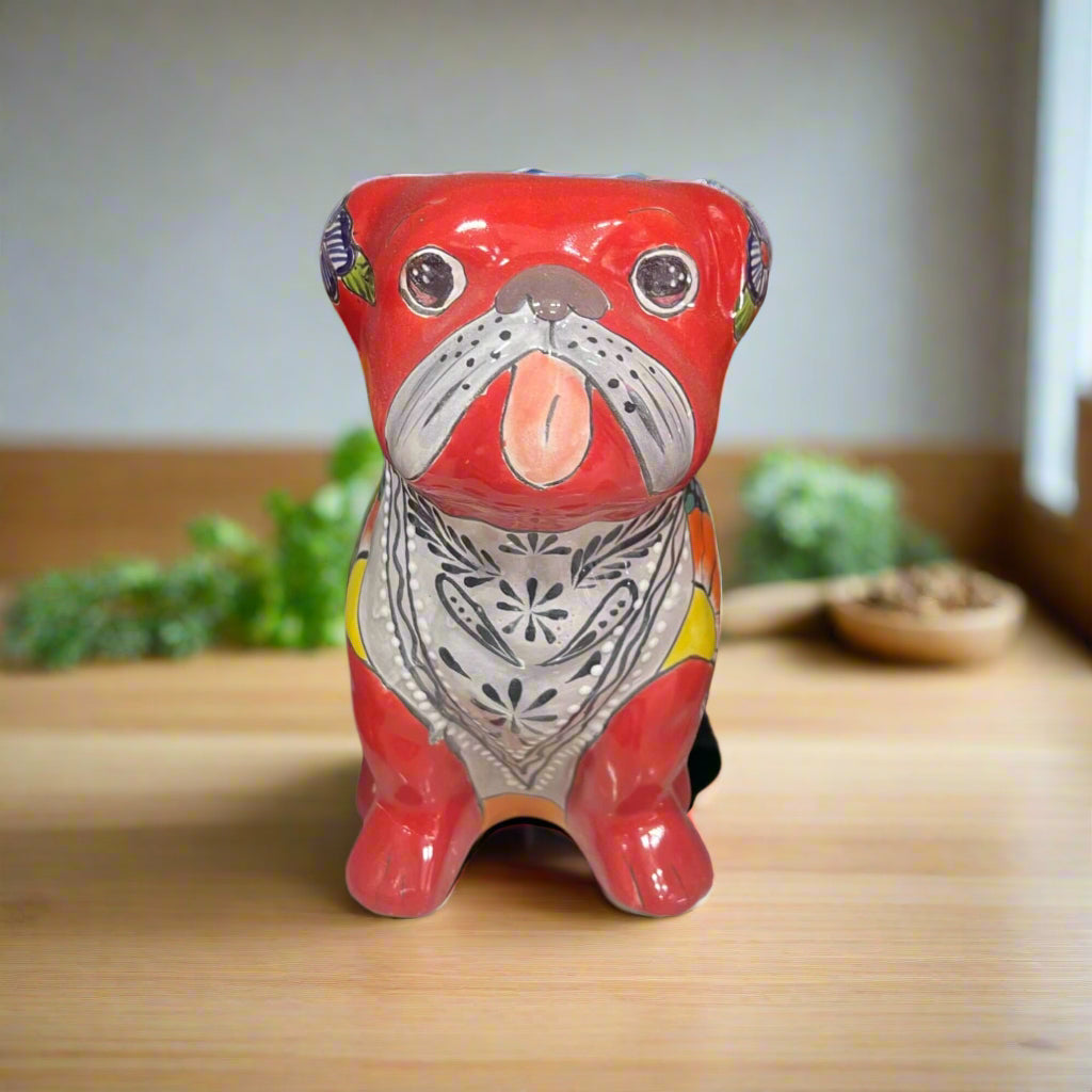 Talavera Bulldog Statue | Colorful Handmade Mexican Art - hand-painted red ceramic bulldog from Guanajuato, Talavera glaze