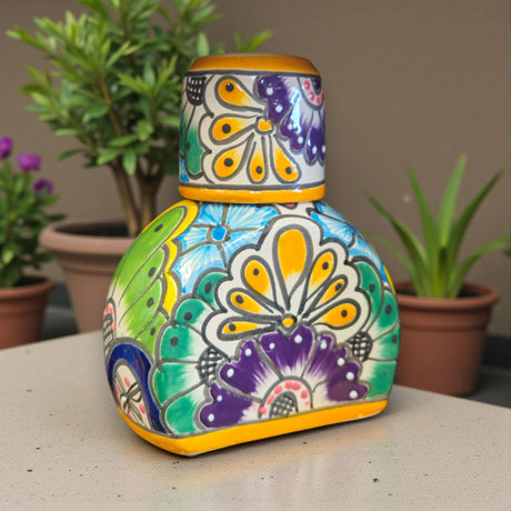 Colorful Talavera Bedside Carafe Set | Handcrafted Mexican Art - hand-painted multicolor floral ceramic bedside carafe