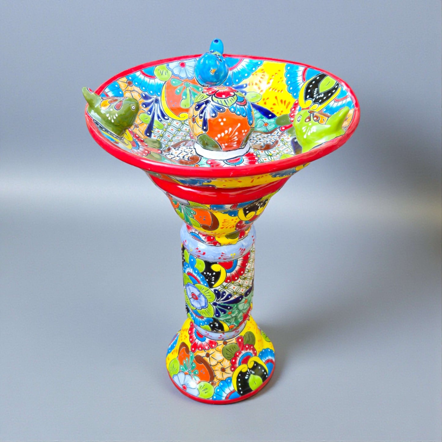 Talavera Bird Bath with Center Ball | Colorful Mexican Garden Art - handcrafted vivid floral geometric motifs in blue orange yellow green