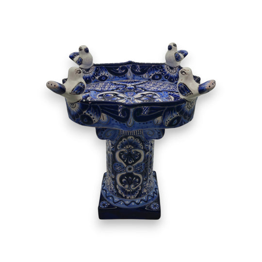 Colorful Talavera Bird Bath | Hand-Painted Ceramic Garden Art - blue hand-painted Talavera bird bath with four perched ceramic birds