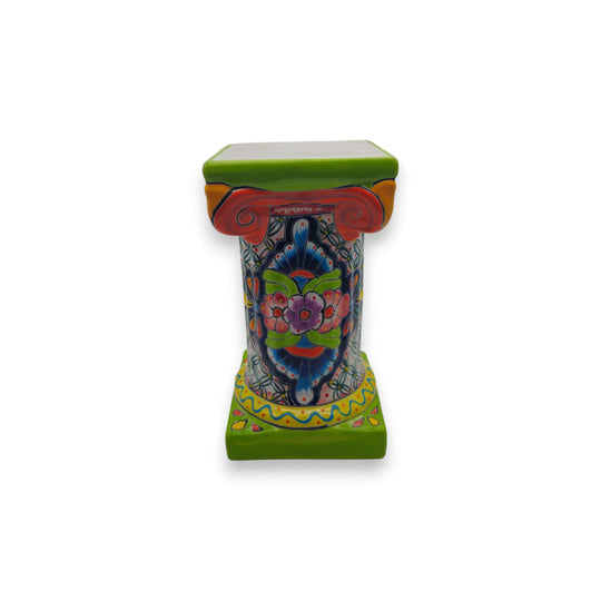 Colorful Talavera Bird Bath | Hand-Painted Ceramic Garden Art - hand-painted Talavera pedestal with bright floral motifs and green base