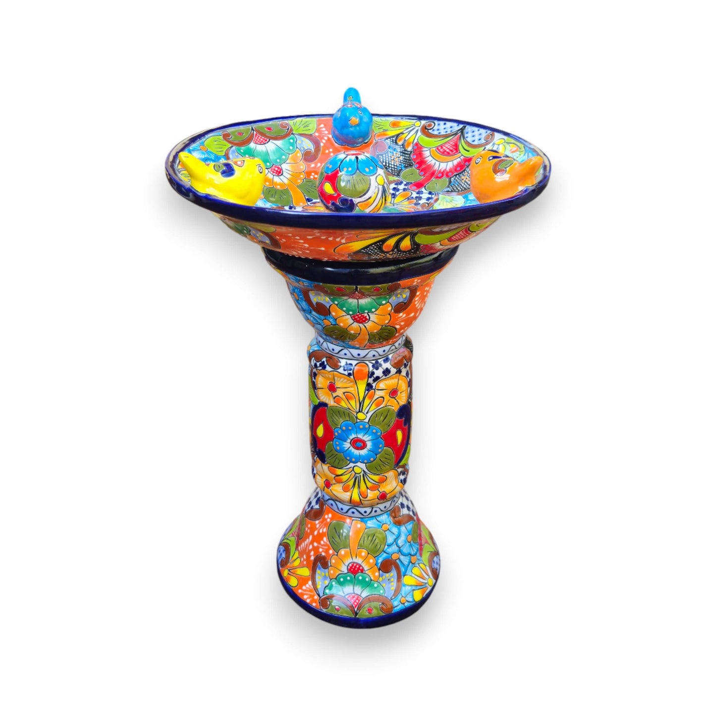 Talavera Bird Bath with Center Ball | Colorful Mexican Garden Art - handcrafted vibrant Talavera pedestal with raised center ball and floral motifs