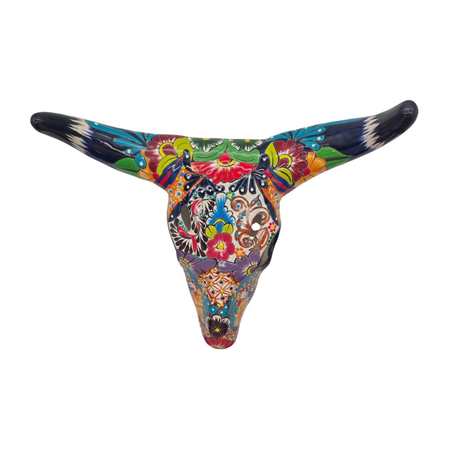 Colorful Talavera Bull Skull | Mexican Wall Art Decor hand-painted longhorn with vibrant floral and geometric motifs from Guanajuato