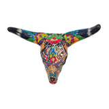 Colorful Talavera Bull Skull | Mexican Wall Art Decor hand-painted longhorn with vibrant floral and geometric motifs from Guanajuato