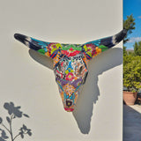Colorful Talavera Bull Skull | Mexican Wall Art Decor hand-painted Talavera longhorn skull with vivid floral and geometric motifs