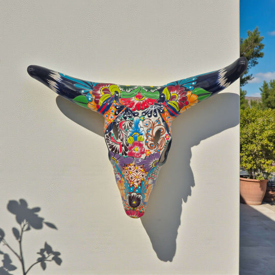 Colorful Talavera Bull Skull | Mexican Wall Art Decor hand-painted Talavera longhorn skull with vivid floral and geometric motifs