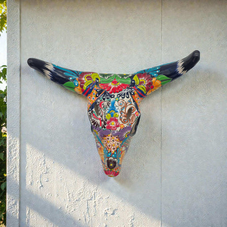 Colorful Talavera Bull Skull | Mexican Wall Art Decor hand-painted longhorn skull with vivid floral and geometric Talavera motifs