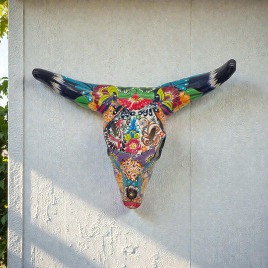Colorful Talavera Bull Skull | Mexican Wall Art Decor hand-painted longhorn skull with vivid floral and geometric Talavera motifs