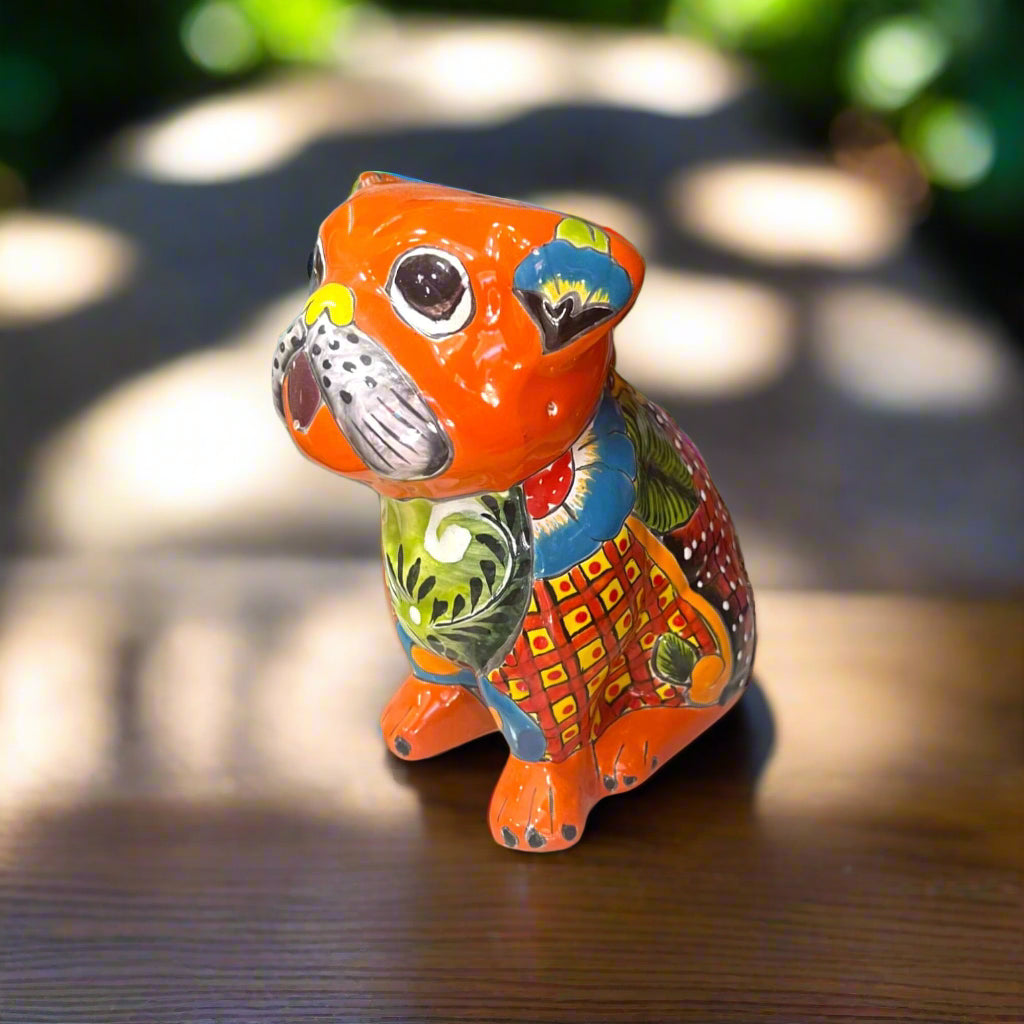 Talavera Bulldog Statue | Colorful Handmade Mexican Art - hand painted orange Talavera ceramic bulldog with floral patterns