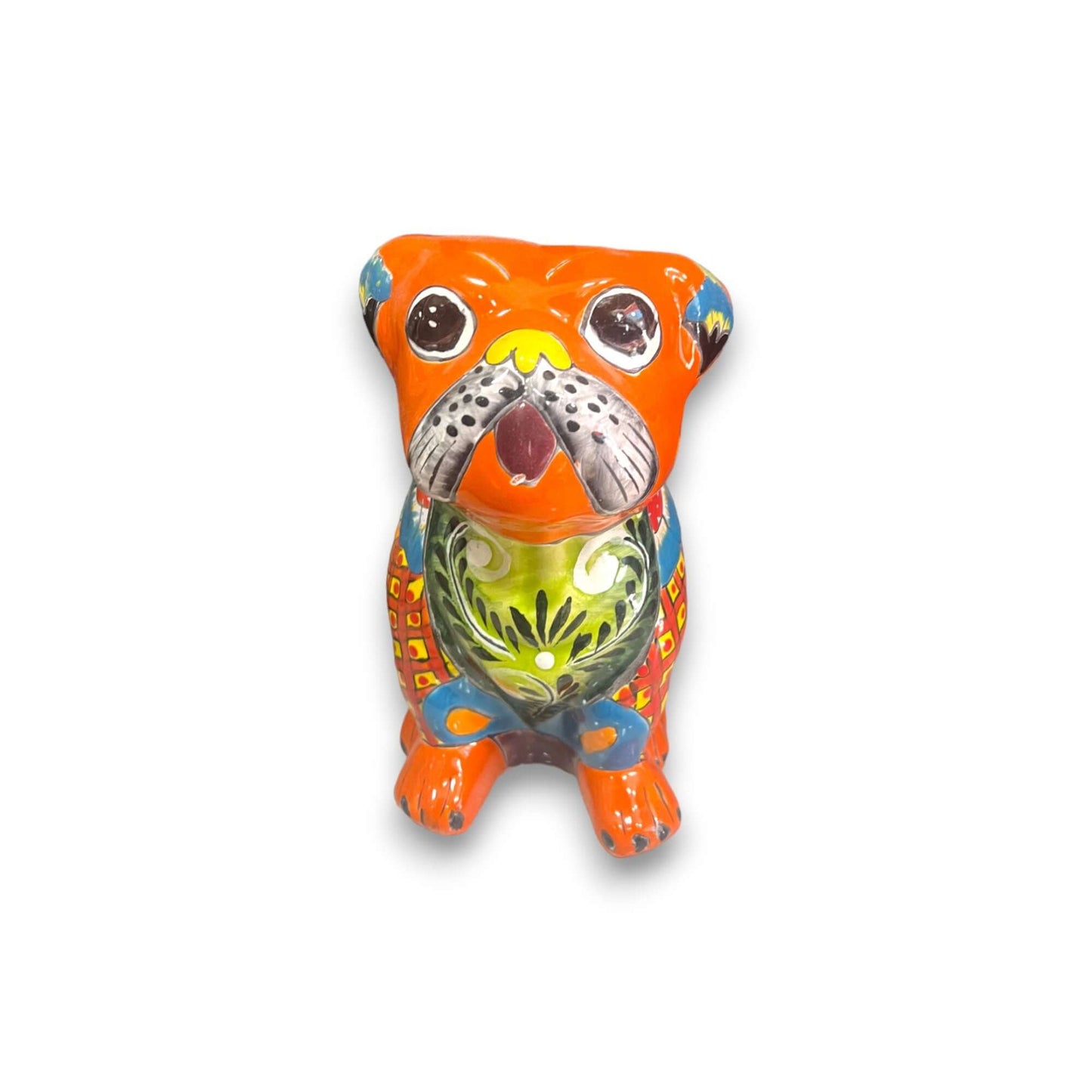 Talavera Bulldog Statue | Colorful Handmade Mexican Art - hand-painted orange Talavera bulldog ceramic with floral motifs