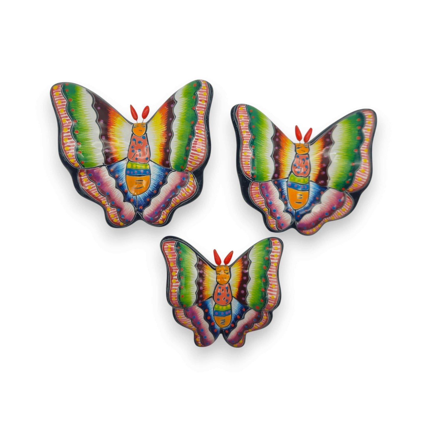 Colorful Talavera Butterfly Trio | Mexican Ceramic Wall Art - three hand-painted Talavera butterflies in pink blue orange green, kiln-fired, lead-free glaze
