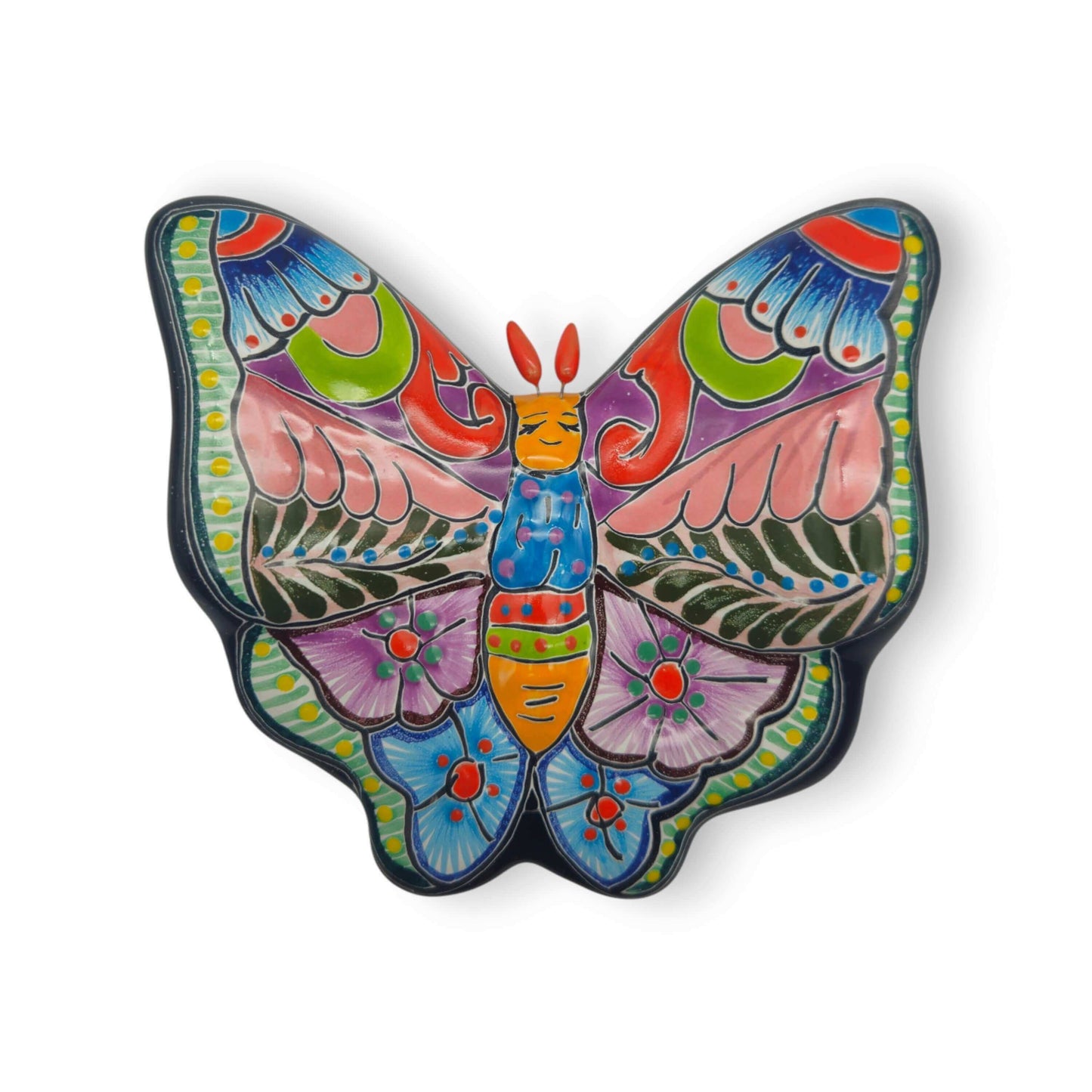 Colorful Talavera Butterfly Trio | Mexican Ceramic Wall Art - hand-painted Talavera ceramic butterfly with pink blue orange green patterns