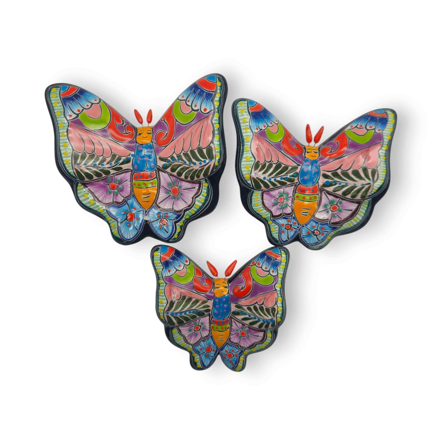 Colorful Talavera Butterfly Trio | Mexican Ceramic Wall Art - hand-painted talavera butterflies in pink blue orange green, kiln-fired lead-free glaze