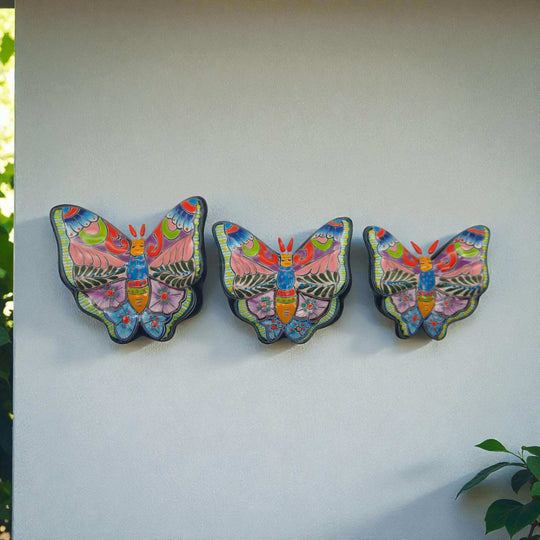 Colorful Talavera Butterfly Trio | Mexican Ceramic Wall Art hand-painted, kiln-fired Talavera butterflies in pink blue orange green