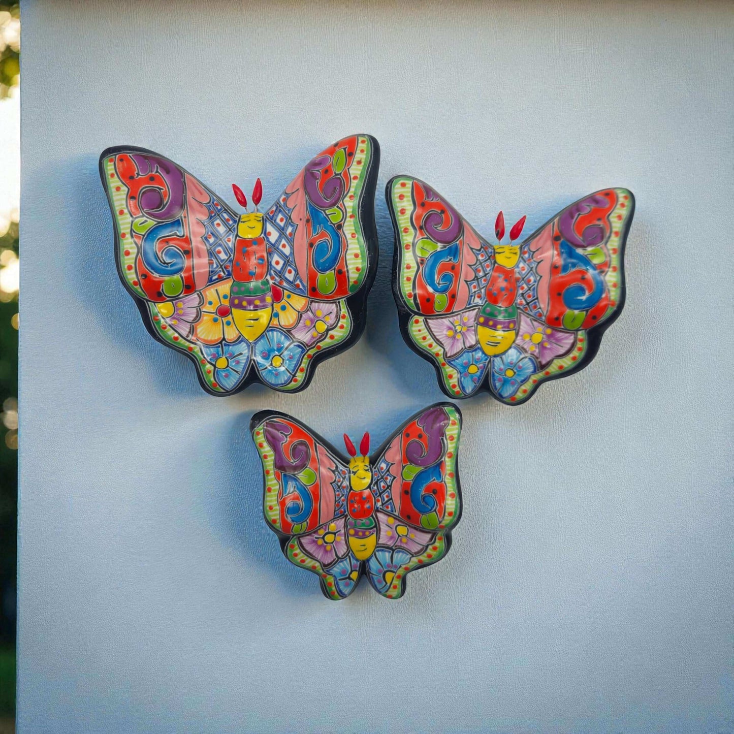 Colorful Talavera Butterfly Trio | Mexican Ceramic Wall Art hand-painted kiln-fired lead-free glaze vibrant pink blue orange green butterflies
