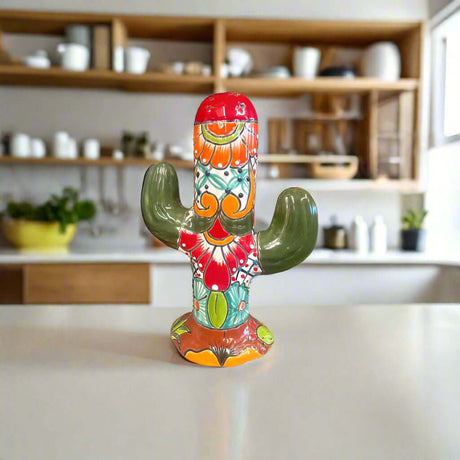 Colorful Talavera Cactus Sculpture | Mexican Ceramic Decor - hand-painted Talavera cactus with green arms and multicolor floral motifs
