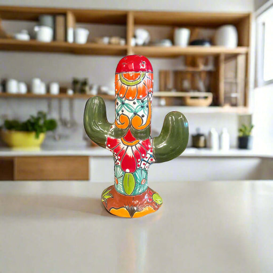 Colorful Talavera Cactus Sculpture | Mexican Ceramic Decor - hand-painted Talavera cactus with green arms and multicolor floral motifs