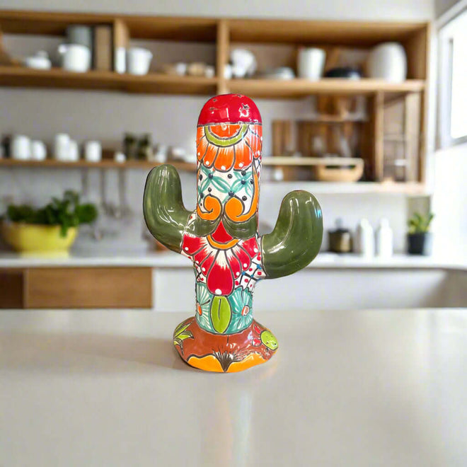 Colorful Talavera Cactus Sculpture | Mexican Ceramic Decor - hand-painted Talavera cactus with green arms and multicolor floral motifs