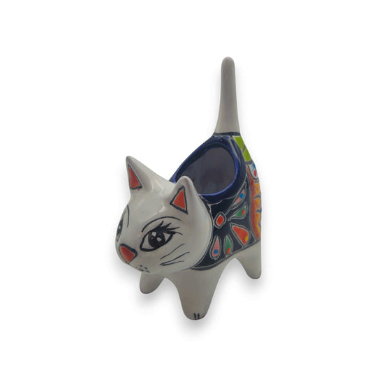 Colorful Talavera Cat Planter | Mexican Ceramic Art - hand-painted black cat planter with red green yellow floral motifs, glossy lead-free glaze