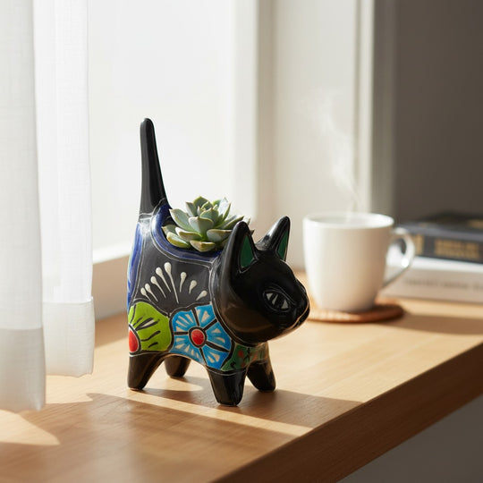 The Talavera Hub black ceramic cat planter with hand-painted floral motifs in red, green, and blue, holding a succulent.