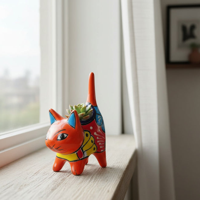 The Talavera Hub orange ceramic cat planter with multicolor floral motifs and blue ears, holding a succulent.