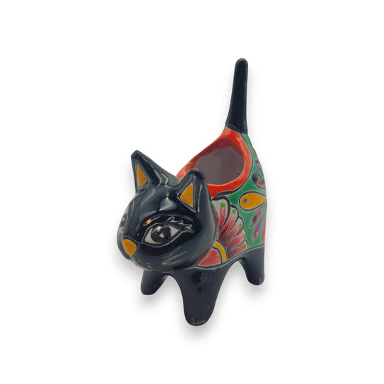 Colorful Talavera Cat Planter | Mexican Ceramic Art - hand-painted black cat planter with red, green and yellow floral motifs, lead-free glaze
