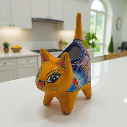 Colorful Talavera Cat Planter | Mexican Ceramic Art - hand-painted glossy black and orange floral cat-shaped ceramic planter from Guanajuato, Mexico
