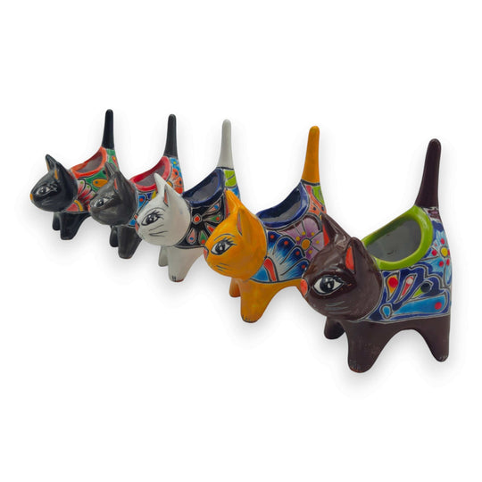 Colorful Talavera Cat Planter | Mexican Ceramic Art — hand-painted black cat planter with vivid red, green & yellow floral motifs, lead-free glaze