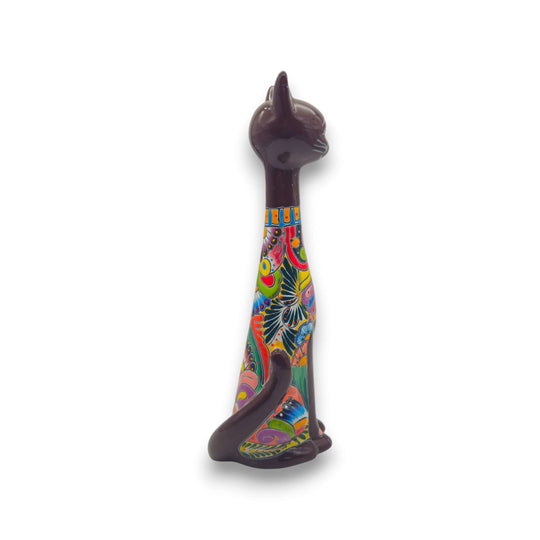 Colorful Talavera Cat Statue | Handcrafted Mexican Art - tall handcrafted Mexican Talavera cat with dark body and vivid hand-painted floral patterns