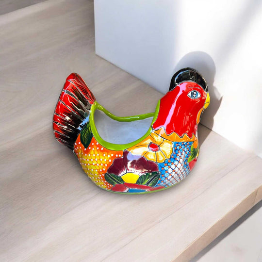 Colorful Talavera Chicken Planter | Mexican Ceramic Art - handpainted ceramic chicken planter with red, yellow, blue and green floral motifs