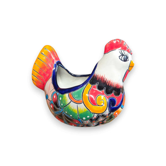 Colorful Talavera Chicken Planter | Mexican Ceramic Art handcrafted vibrant red yellow blue green floral motifs whimsical chicken-shaped planter