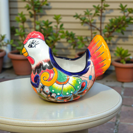 Colorful Talavera Chicken Planter | Mexican Ceramic Art - hand-painted multicolor chicken planter with floral swirls