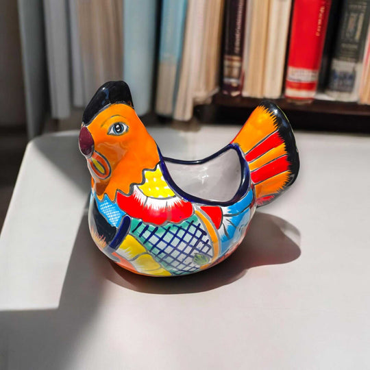 Colorful Talavera Chicken Planter | Mexican Ceramic Art - hand-painted vibrant red yellow blue green chicken-shaped planter
