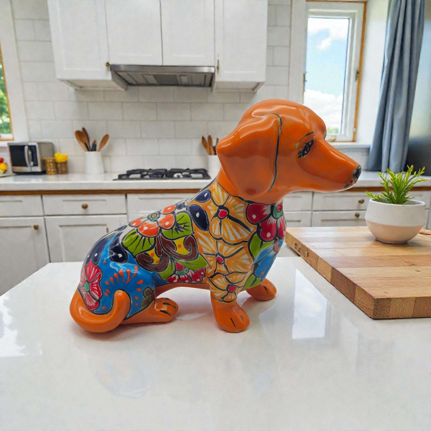 Colorful Talavera Dachshund | Mexican Ceramic Dog Figurine - handcrafted vibrant orange floral dachshund figurine for home decor