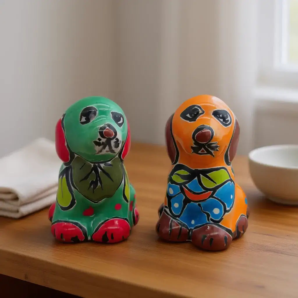 Colorful Talavera Dog Figurine Pair | Mexican Folk Art Decor - hand-painted green and orange ceramic dogs, vibrant floral and geometric patterns