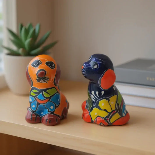 Colorful Talavera Dog Figurine Pair | Mexican Folk Art Decor - Handcrafted bright blue and orange ceramic dog figurines with floral patterns
