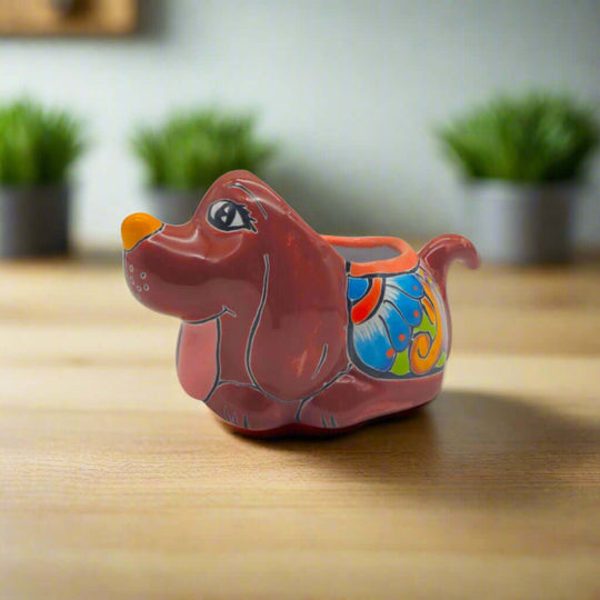 Colorful Talavera Dog Planter | Hand-Painted Mexican Figurine - handcrafted red Talavera dog planter with bright floral details, kiln-fired lead-free glaze