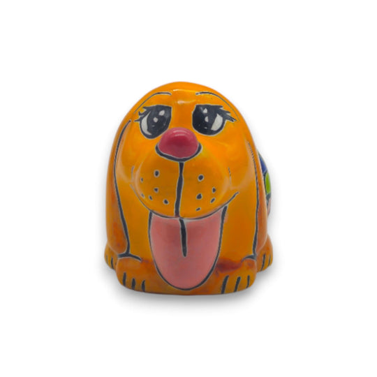 Colorful Talavera Dog Planter | Hand-Painted Mexican Figurine with bright orange glaze, floral accents and playful tongue detail